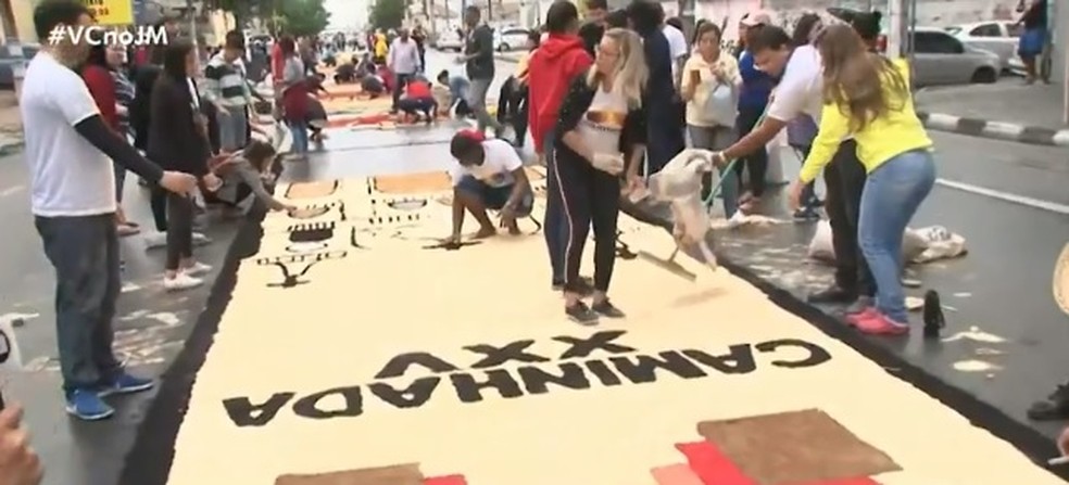 Tapete feito por fiéis católicos feito no dia de Corpus Christi, na Bahia — Foto: Reprodução/ TV Bahia