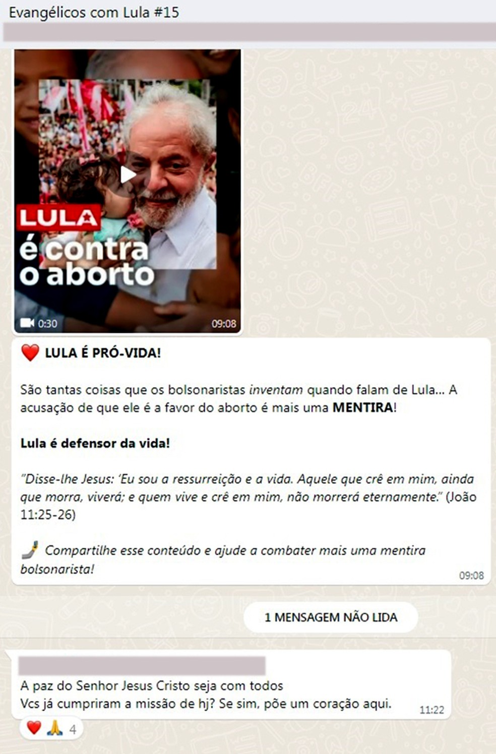 Mensagem em grupo de Whatsapp de evangÃ©licos prÃ³-Lula â Foto: ReproduÃ§Ã£o