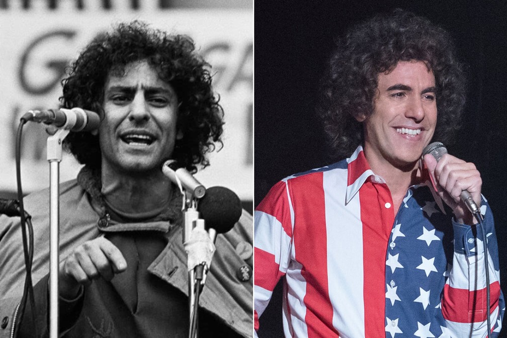 Sacha Baron Cohen interpreta o ativista político Abbie Hoffman em "Os 7 de Chicago" — Foto: Divulgação