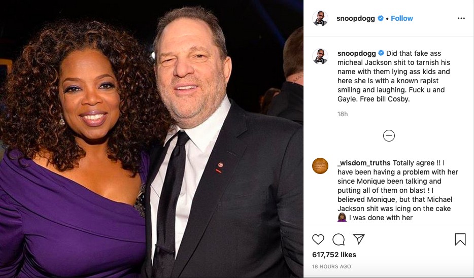 O post no qual o rapper Snoop Dogg ataca a apresentadora Oprah Winfrey e pede a liberdade de Bill Cosby (Foto: Instagram)