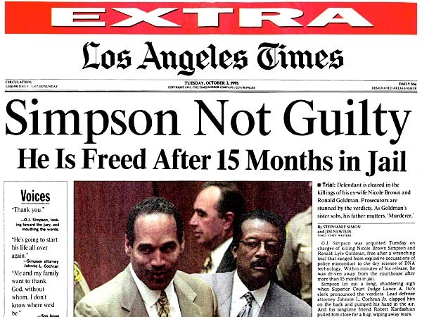 Edição do Los Angeles Times anunciando a absolvição de O.J. Simpson, em 1995. (Foto: reprodução)