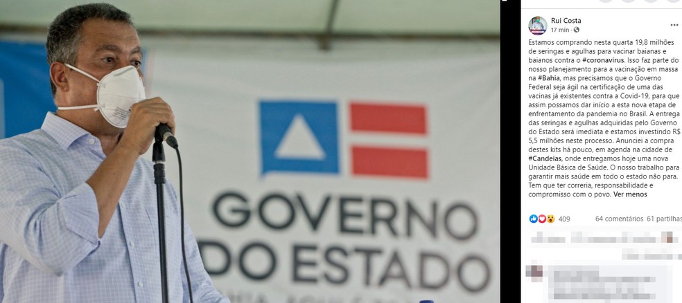 Rui Costa anuncia compra de seringas para vacinação contra a Covid-19 na  Bahia | Bahia | G1