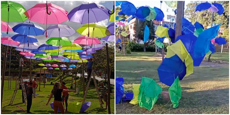 Ventania destrói guarda-chuvas decorativos da feirinha do Campo do Coelho, em Nova Friburgo, no RJ