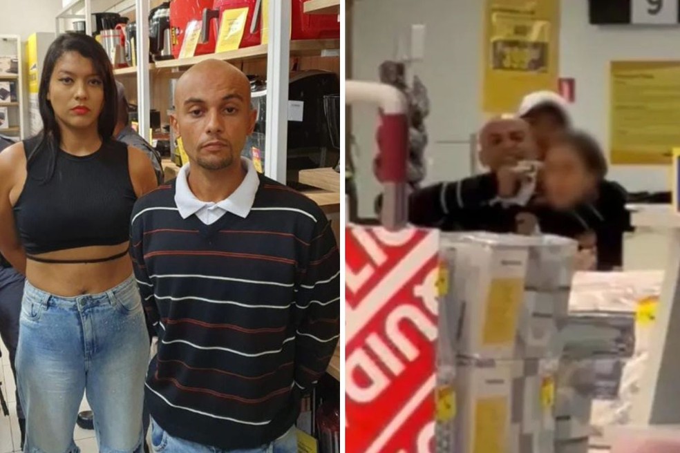Criminoso manteve funcionária refém com a arma na cabeça dela em shopping em Praia Grande (SP) — Foto: Reprodução