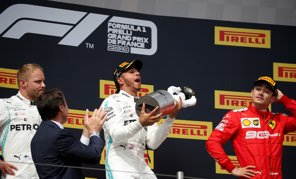 Bottas, Hamilton e Leclerc no pÃ³dio em Paul Ricard â€” Foto: Reuters
