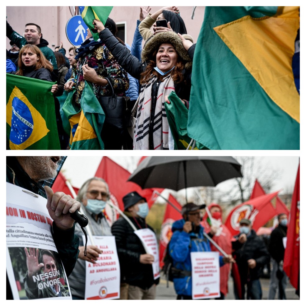 Houve manifestações a favor e contra o presidente Jair Bolsonaro em Anguillara Veneta, na Itália, em 1º de novembro de 2021 — Foto: Piero Cruciatti  / AFP