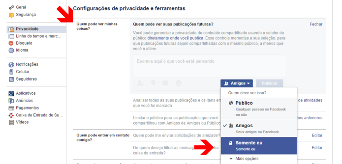 Configurando a privacidade dos futuros posts no Facebook (Foto: Reprodução/Lívia Dâmaso)