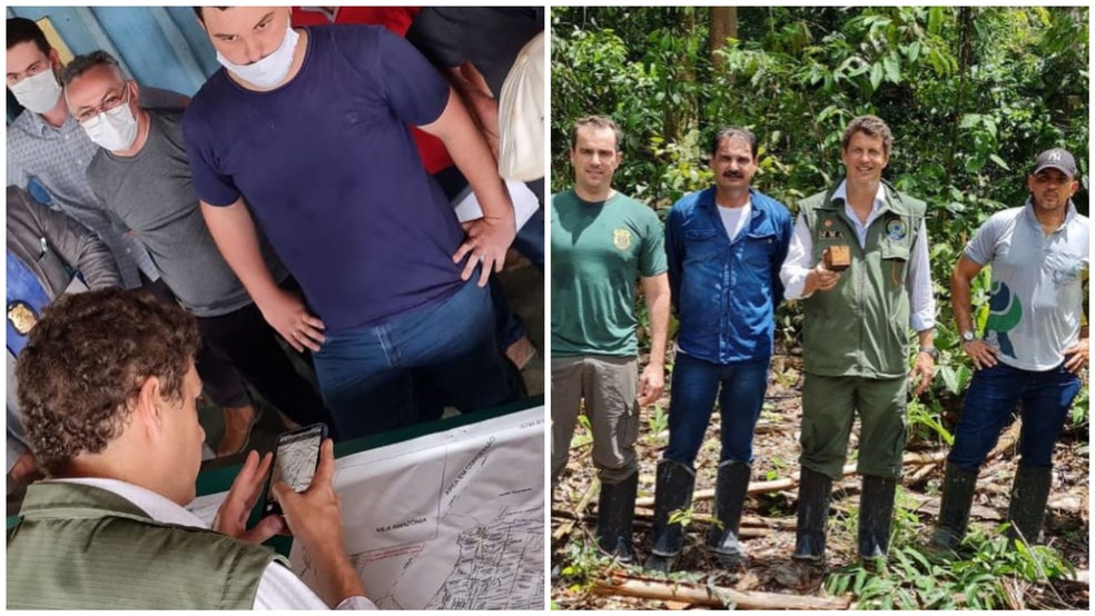 Ministro Ricardo Salles confere coordenadas da localização da madeira; na floresta onde foi coletada amostra da madeira apreendida — Foto: Reprodução/Redes sociais