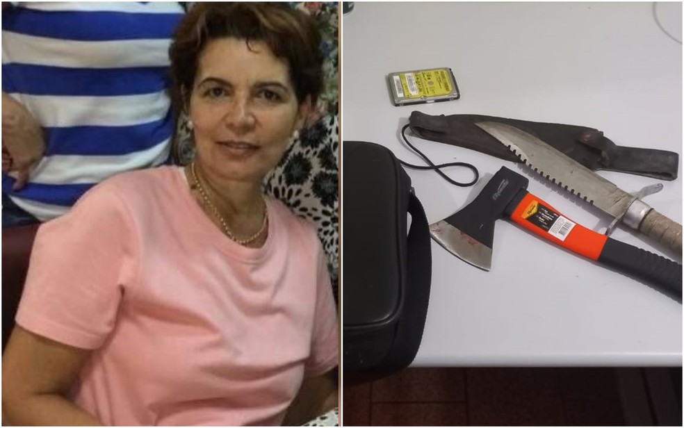 Maria Elizabeth Castro de Oliveira / machadinha e faca apreendidas com suspeito — Foto: Reprodução/TV Anhanguera