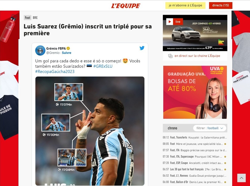 Jornal francês L'Équipe destaca os três gols de Suárez — Foto: Reprodução/L'Équipe