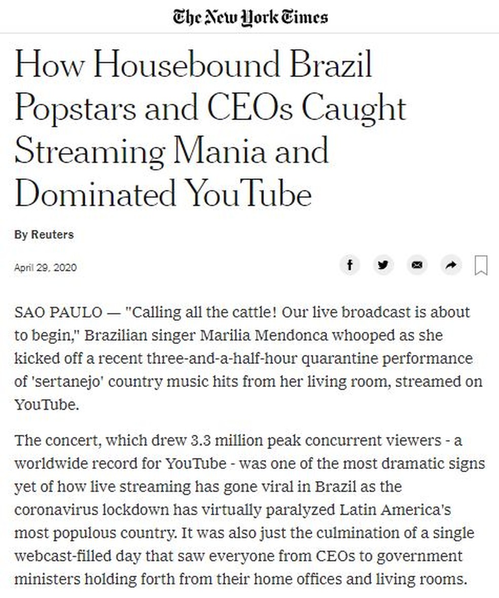 Live de Marília Mendonça ganhou destaque no jornal 'The New York Times' — Foto: Reprodução