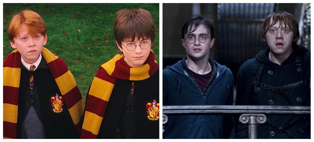 Daniel Radcliffe e Rupert Grint no primeiro e no último filme da franquia Harry Potter (Foto: Reprodução)