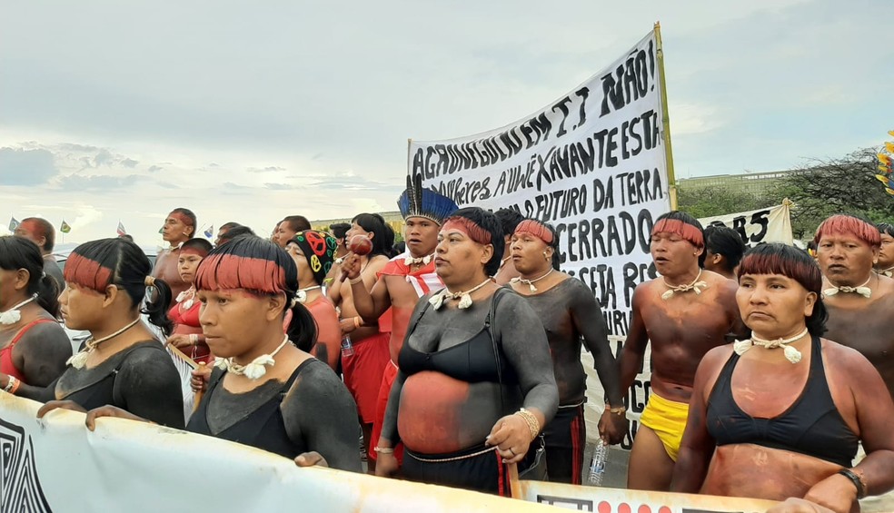 Mulheres protestam contra garimpo em terras indígenas, durante ato, em Brasília — Foto: Amanda Sales/ g1