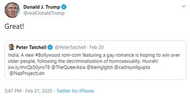 Trump tuíta aprovação do romance gay de Bollywood após proibição nos Emirados Árabes (Foto: Reprodução)