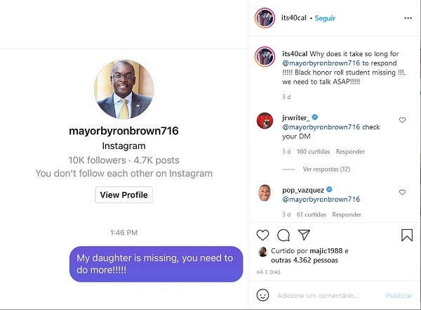 O post do rapper norte-americano 40 Cal pedindo ajuda do prefeito da cidade de Buffalo, no estado de Nova York (Foto: Instagram)