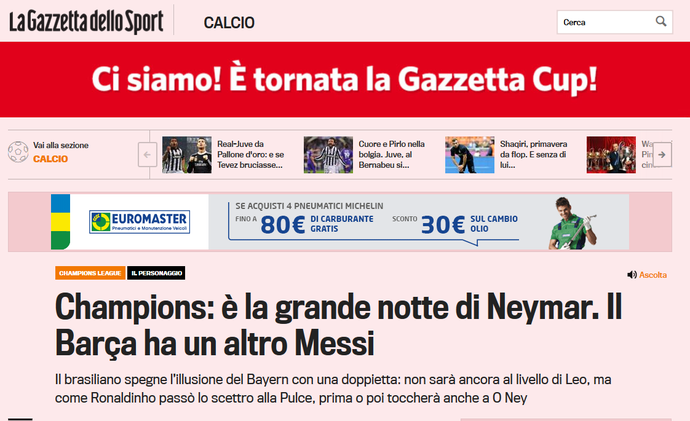 Neymar manchete Gazzetta dello Sport (Foto: Reprodução)