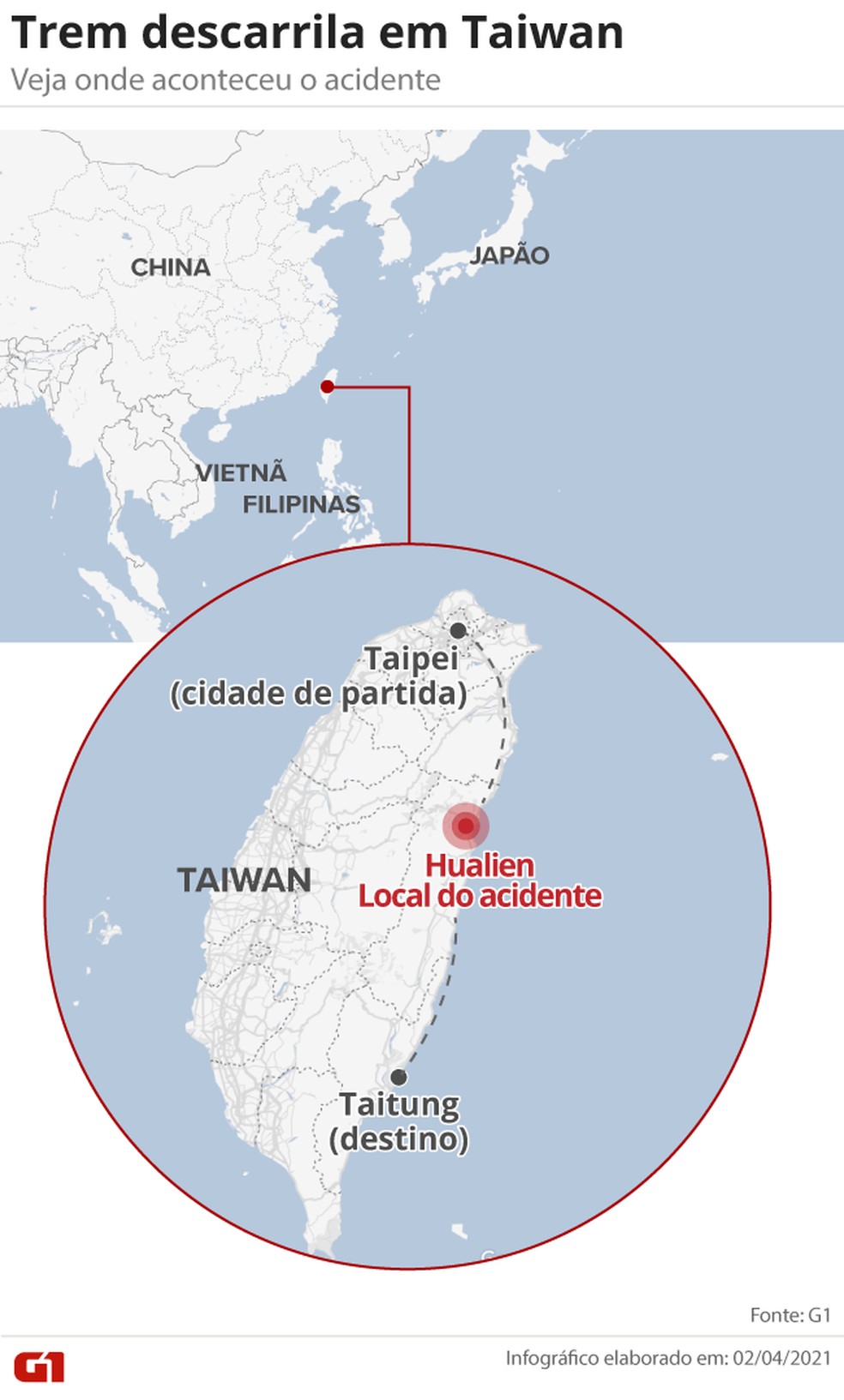 Mapa mostra onde foi o acidente em Taiwan — Foto: Amanda Paes/G1