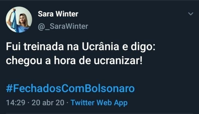 A extremista de direita Sara Winter, fundadora do grupo radical 300, sempre afirmou ter sido treinada na Ucrânia (Foto: Reprodução/Twitter)