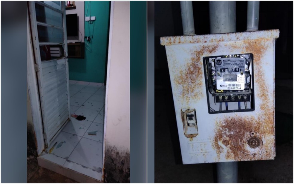 Porta da casa arrombada e disjuntor de energia que foi desligado pelo 'Hipster da Federal' em Buritinópolis, Goiás — Foto: Reprodução/Polícia Civil