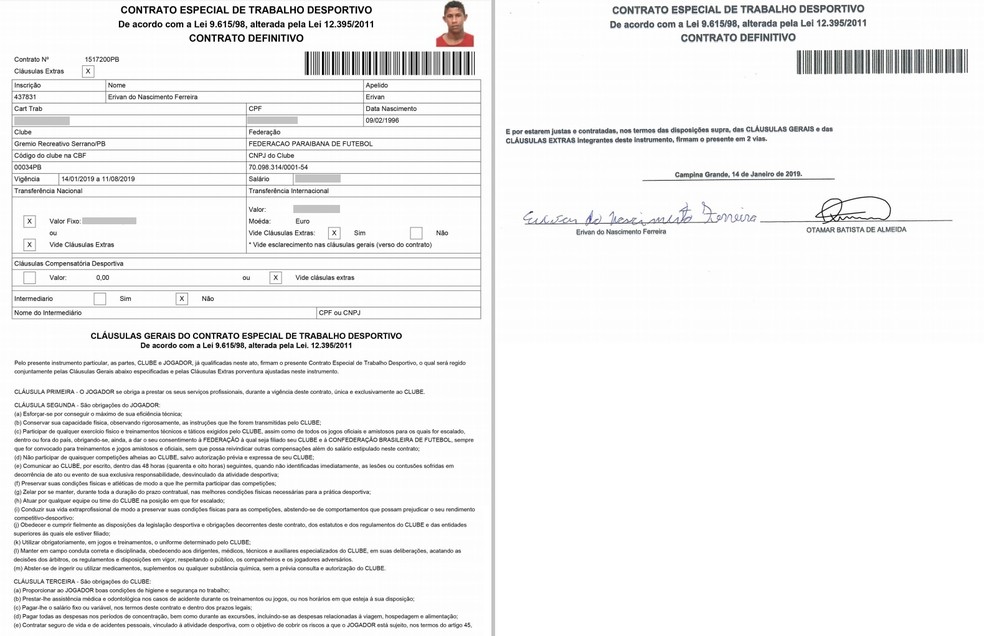  Otamar assina contrato do jogador Erivan do Nascimento Ferreira — Foto: Reprodução
