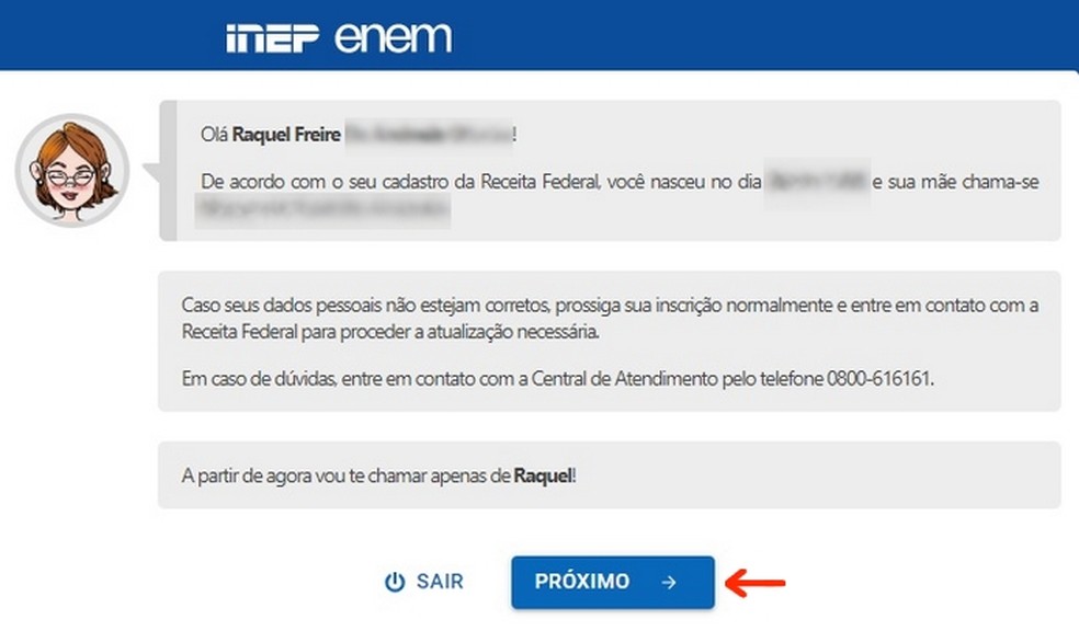 Resumo de informações pessoais do candidato no banco de dados do governo — Foto: Reprodução/Raquel Freire