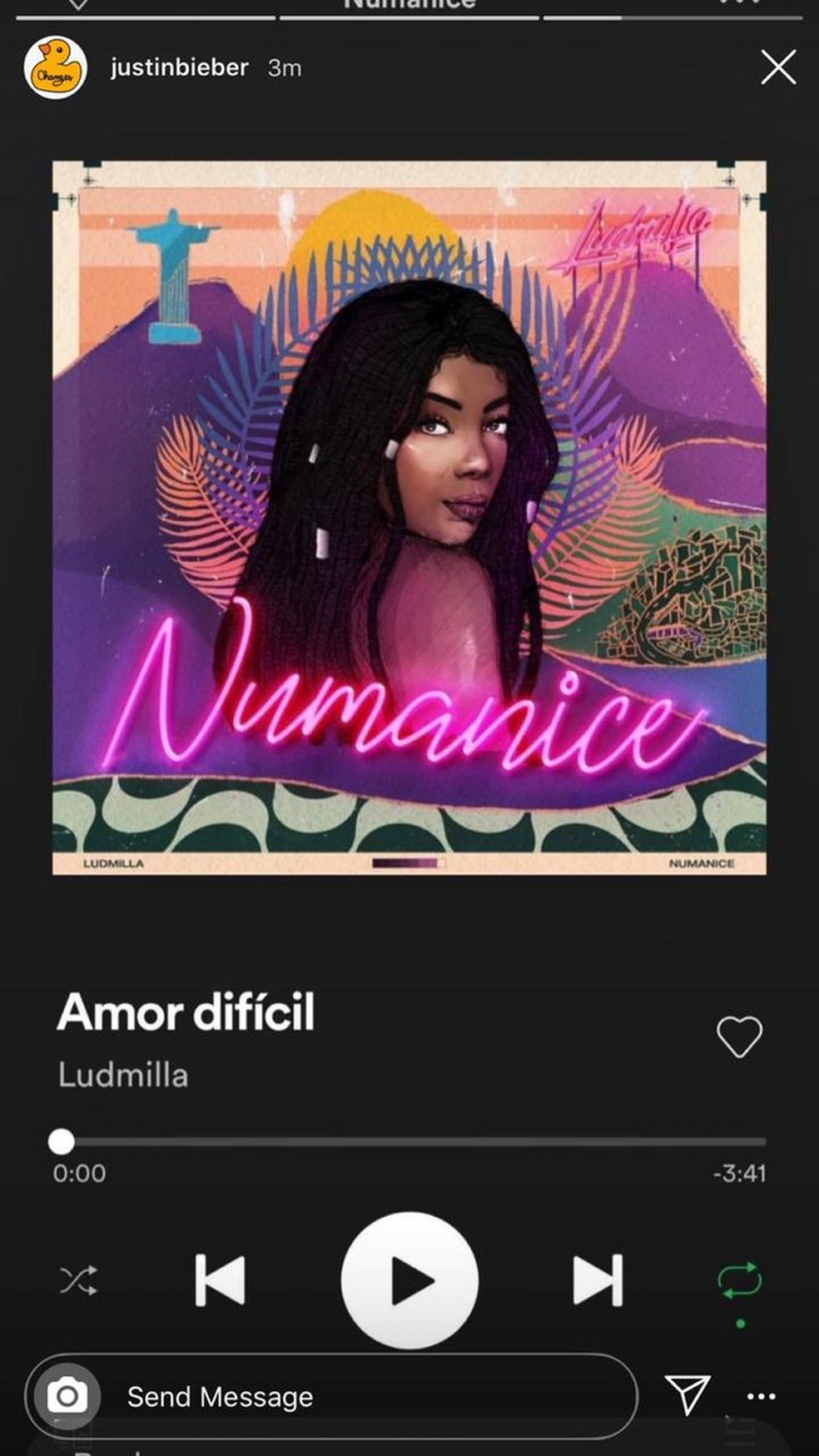 Justin Bieber posta nova música de Ludmilla — Foto: Reprodução