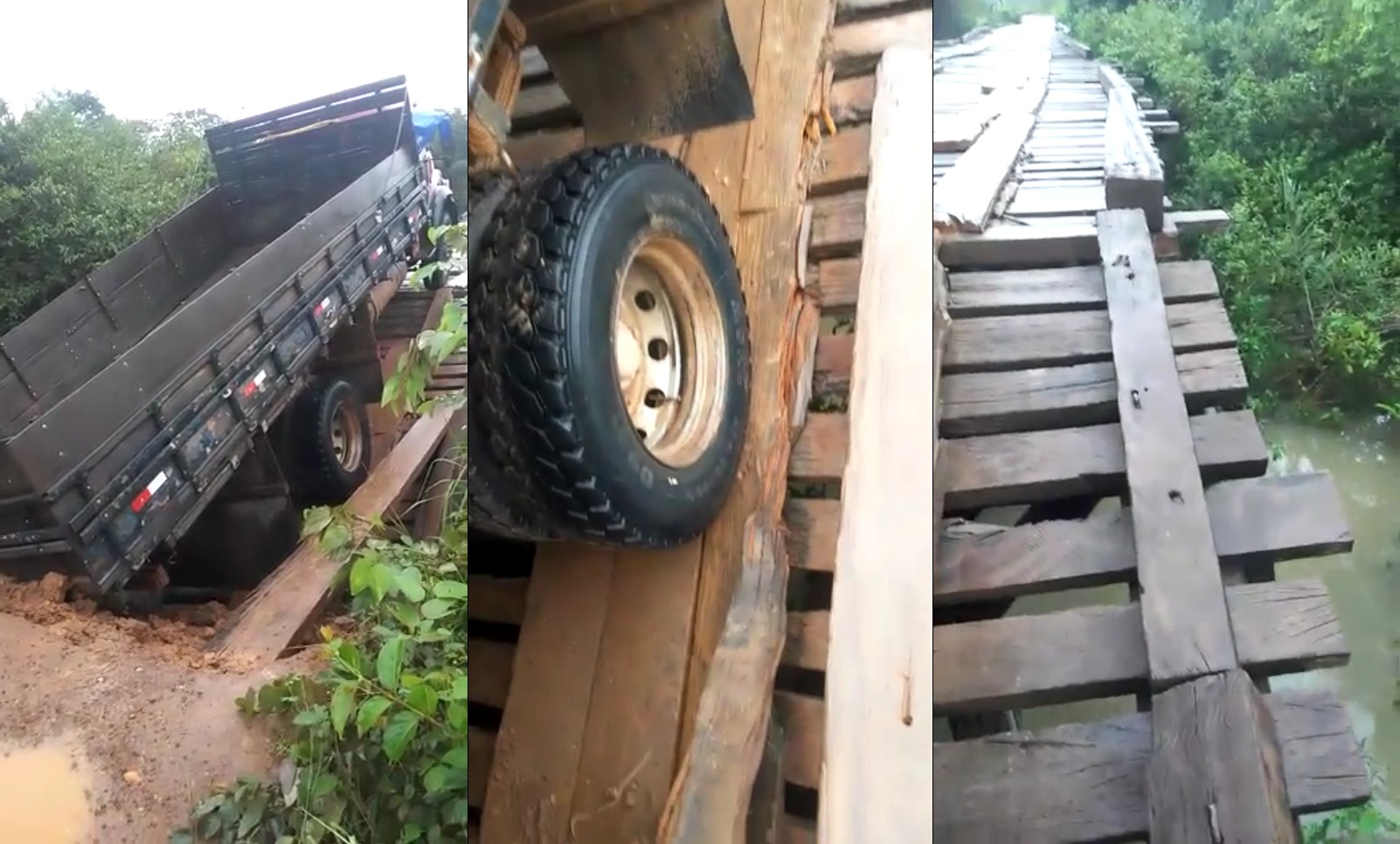 Caminhão fica atolado após trecho de ponte de madeira quebrar no interior de Roraima; VÍDEO
