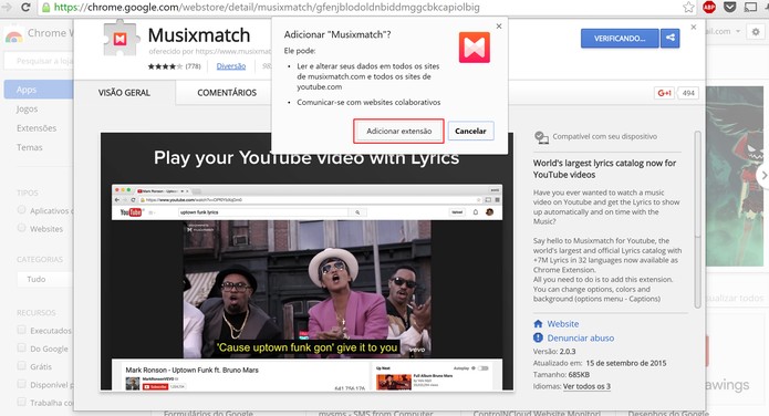 Confirme adição do Musixmatch no Chrome para começar a usar a extensão (Foto: Reprodução/Elson de Souza)