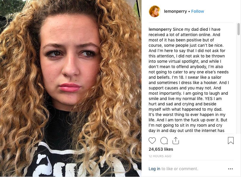 O post da filha do ator Luke Perry no qual ela expressa seu incômodo com a cobrança por luto por parte de fãs do pai dela (Foto: Instagram)