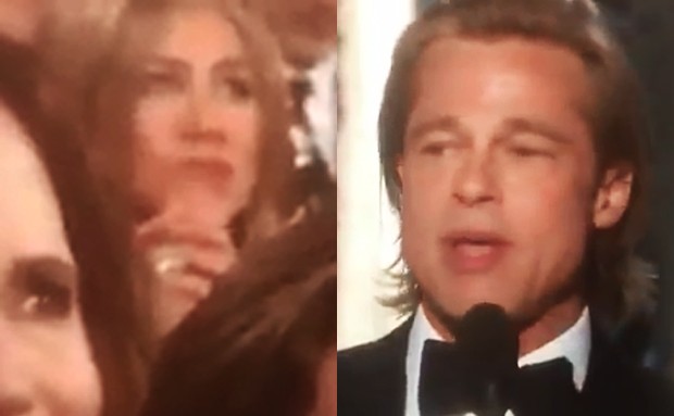 Jennifer Aniston observa discurso de Brad Pitt no Globo de Ouro 2020  (Foto: Reprodução/Instagram)