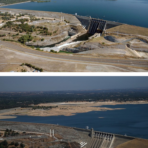 Antes e depois do lago Folsom, que hoje está com 40% de sua capacidade total (Foto: Getty Images)