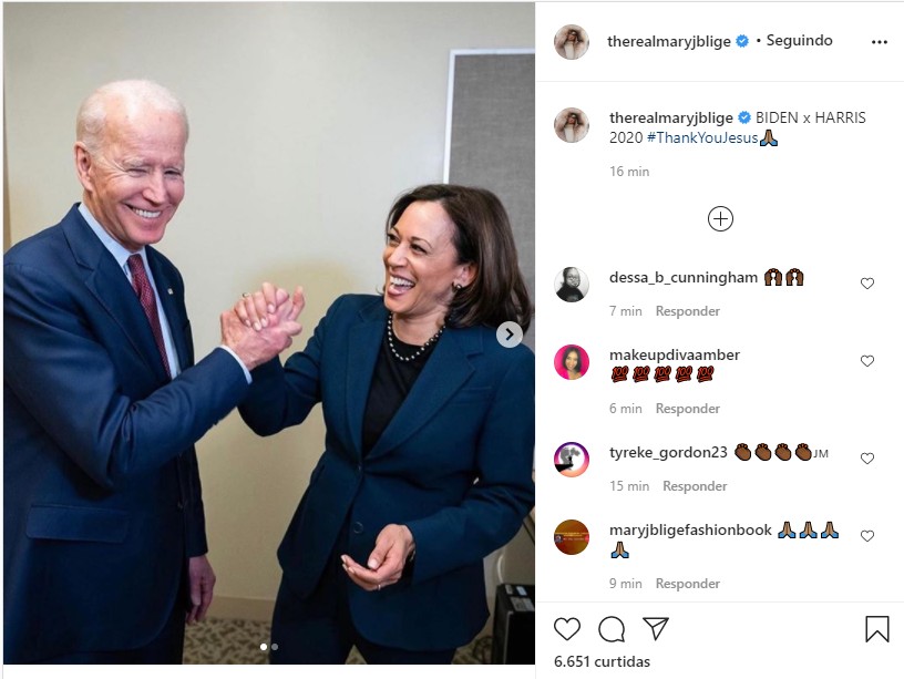 Mary J. Blige comemora eleição de Joe Biden e Kamala Harris (Foto: Reprodução Twitter e Reprodução Instagram)