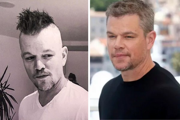 Matt Damon de moicano em foto exibida no The Tonight Show; Matt Damon com seu cabelo normal (Foto: Reprodução/Instagram; Getty Images)