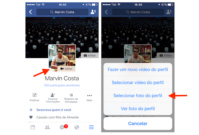 Acessando a ferramenta para mudar a foto de perfil do Facebook pelo iPhone (Foto: Reprodução/Marvin Costa)