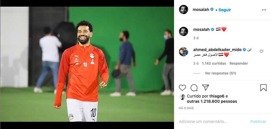 O post mais recente do jogador de futebol Mohamed Salah nas redes, com foto dele em treino da seleção do Egito (Foto: Instagram)