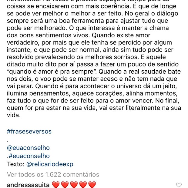 Andressa Suita curte e comenta texto sobre volta de romance  (Foto: Reprodução/Instagram)
