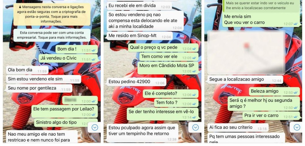 Mensagens trocadas pelo casal com o suposto vendedor (Foto: Arquivo Pessoal)