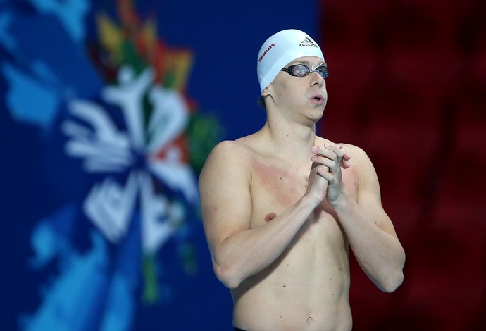 Cesar Cielo antes da prova de 50m borboleta pelo Mundial de esportes aquáticos em Kazan na Rùssia (Foto: Sátiro Sodré/SSPress)