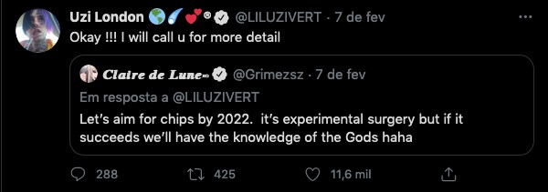 O diálogo do rapper Lil Uzi Vert com a cantora Grimes sobre o chip cerebral desenvolvido por Elon Musk (Foto: Twitter)