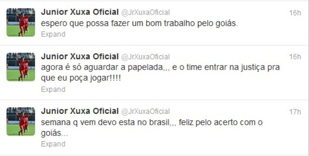 Júnior Xuxa anunicia no twitter que acertou com o Goiás (Foto: Reprodução/Twitter)