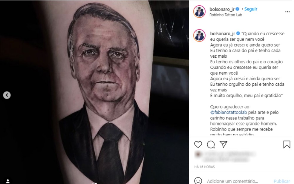 Filho de Bolsonaro tatua rosto do pai no braço, em Goiânia — Foto: Reprodução/Instagram