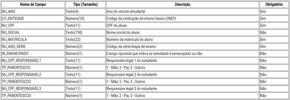 Manual do Sistema Educacional Brasileiro indica os campos as instituições precisam preencher para cadastrar os estudantes — Foto: Reprodução/Inep