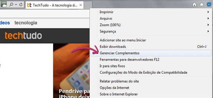 Caminho no Internet Explorer para abrir opção Gerenciar Complementos (Foto: Reprodução/Raquel Freire)