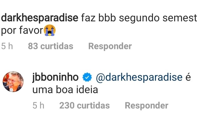 Boninho responde fã de 'BBB' no Instagram (Foto: Reprodução Instagram)