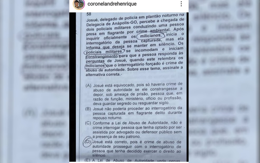 Comandante-geral da PM emite nota de repúdio sobre prova de concurso que chamou PMs de "milicianos" em Goiás — Foto: Reprodução/Instagram do Coronel André Henrique