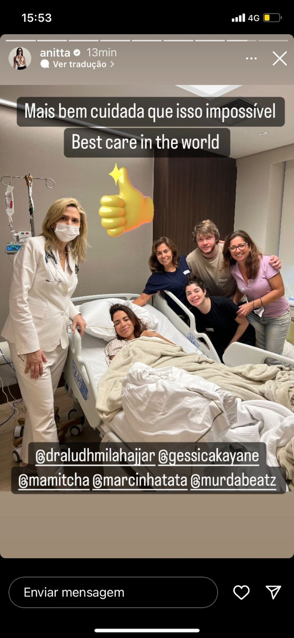 Anitta agradece carinho no hospital &mdash; Foto: Reprodu&ccedil;&atilde;o/Instagram