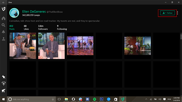 Usuário pode seguir perfis no Vine para Windows 10 (Foto: Reprodução/Elson de Souza)