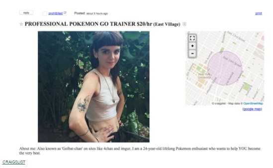 Anúncio de treinadora para capturar Pokémons