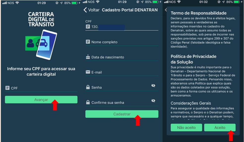 Cadastre seus dados para acessar o aplicativo da "Carteira digital de trânsito" — Foto: reprodução/ Isabella Rocha  