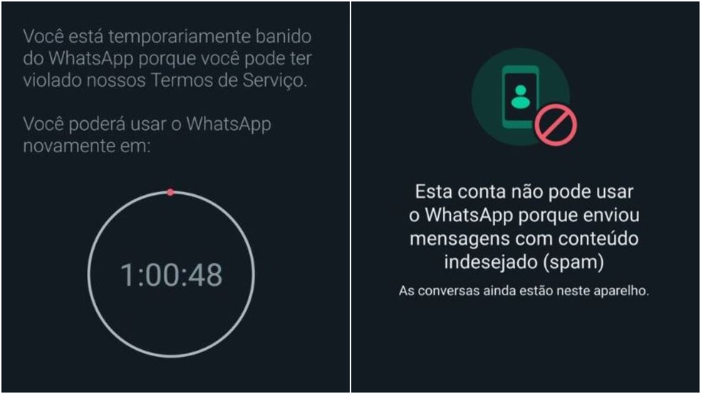 Avisos do WhatsApp de bloqueio temporário e permanente — Foto: Reprodução/ WhatsApp